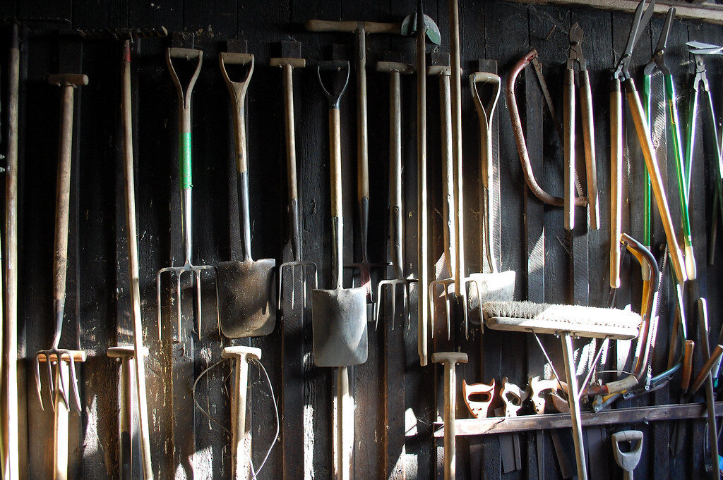 Garden spades, forks, shears and saws hanging on a dark shed wall
