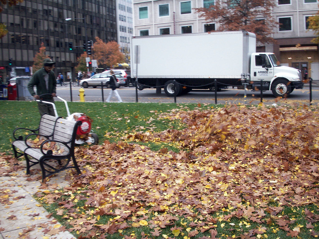 Garden worker using a leaf blower to clear autumn leaves off a lawn